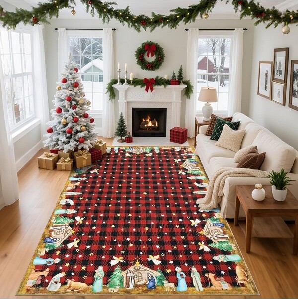 TackViewChristmasAreaRug6'x9'WashableWinterHolidayRugsforLivingRoomXmasCuteThrowBedroomCarpetwithNonSlipBackingRed