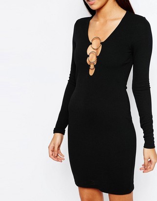 Club L Shift Dress With Plunge Neck And Disc Hardware Detail