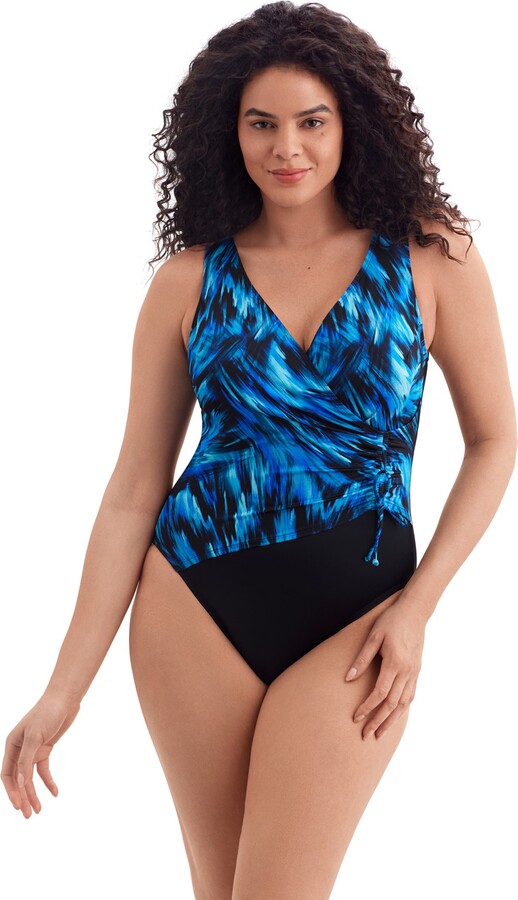 Longitude Shirred Faux Tie Surplice Long Torso One-Piece Swimsuit