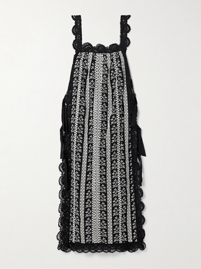 Loretta Caponi Fiocchini Lace-trimmed Embroidered Cotton-voile Midi Dress - Black