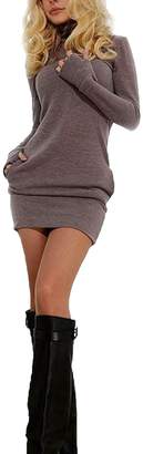 Vosujotis Womens Bodycon Dress High Neck Long Sleeve Slim Mini Sweatshirts Grey M
