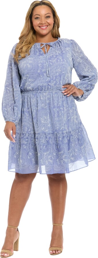 London Times Plus Size Tie Neck A-Line Dress - Black/ivory