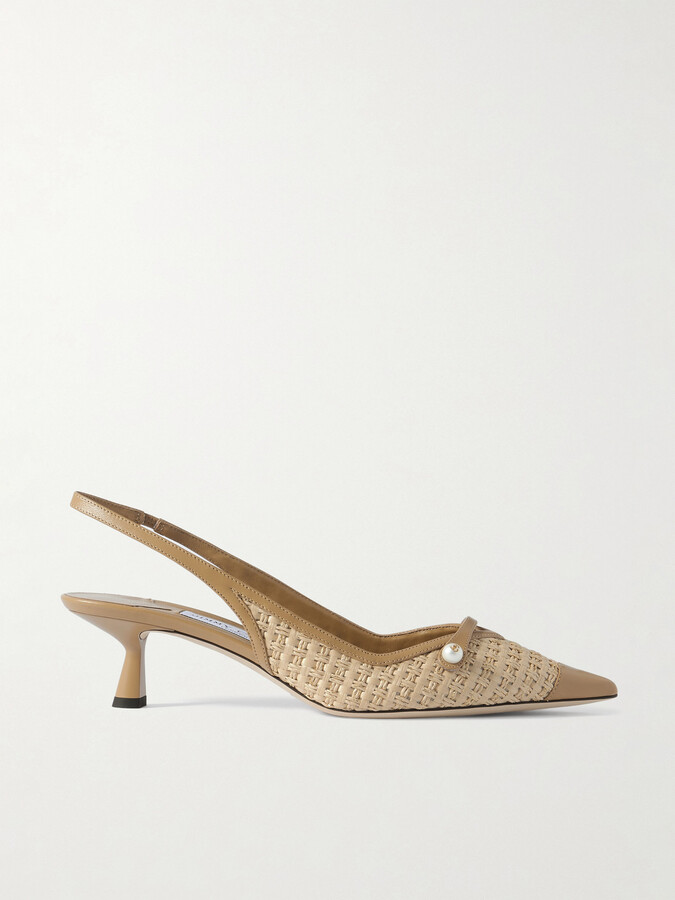 Jimmy Choo Amita 45 Faux Pearl-embellished Leather-trimmed Raffia Slingback Pumps - Brown