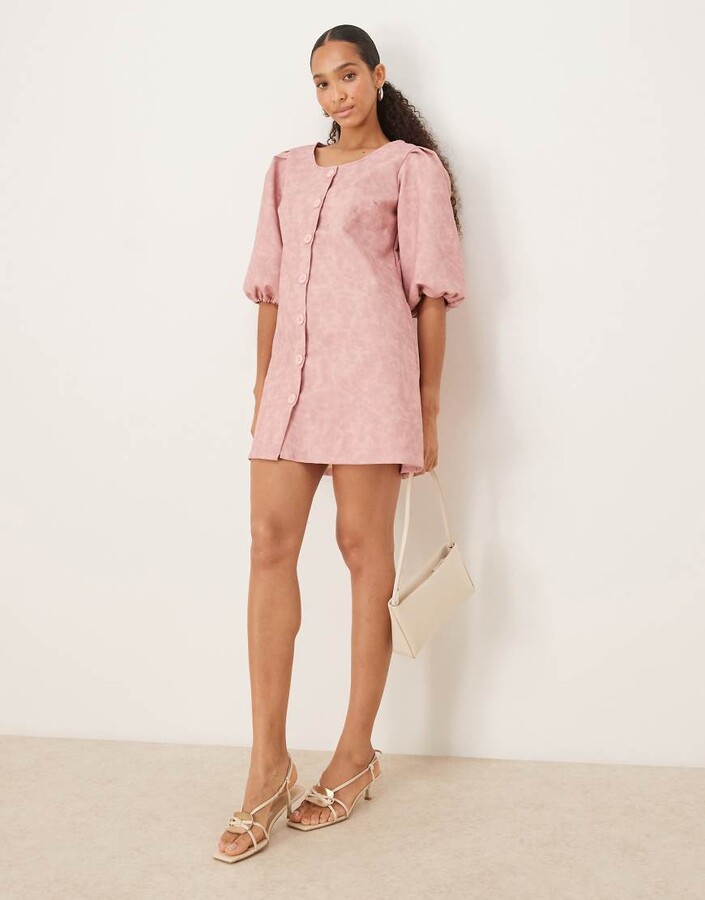 GHOSPELL matte PU scoop neck button front mini dress in pink