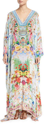 Camilla V-Neck Long-Sleeve Printed Silk Kaftan Coverup, One Size