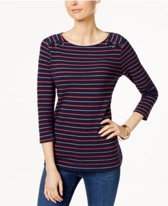 Charter Club 3/4 Sleeve Stripe Pique Top With Shoulder Rope, Created for Macy's