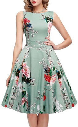 ihot Womens Vintage 1950s Classy Rockabilly Retro Floral Pattern Print Cocktail Evening Swing Party Dress