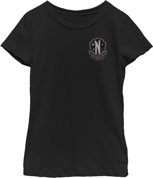 Wednesday Series Girl'sWednesdaySmallNevermoreCrestBlackandWhiteT-Shirt-Black-Medium