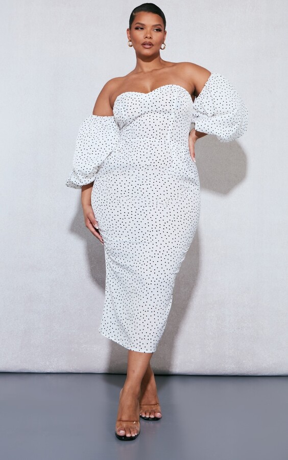 Plus White Polka Dot Bandeau Puff Sleeve Midi Dress