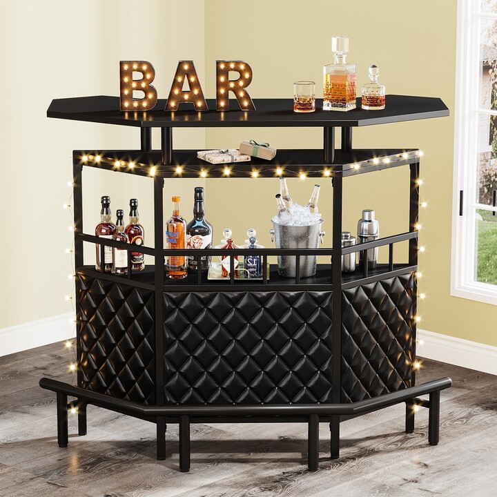 Bluebell Home Bar Mini Bar Table with Storage Shelves and Footrest, Wine Glass Holder