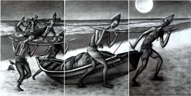 Exotic India Tiny Dreams (3 Canvas Painting) | Acrylic On Canvas | Uttam Bhattacharya