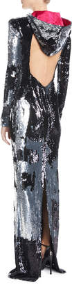 Naeem Khan Long-Sleeve Open-Back Column Sequin Evening Gown w/ Removable Hood