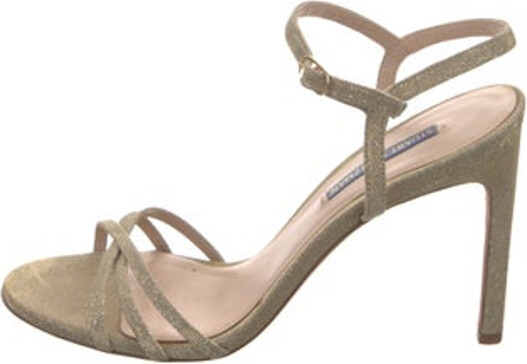 Stuart Weitzman Glitter Slingback Sandals Metallic & Neutrals Patterned Platform Wrap-Around Straps & Buckle Closure at Ankles Designer