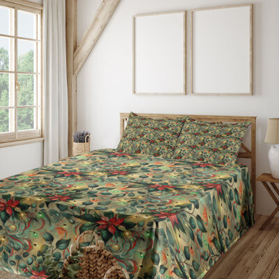 Ambesonne Christmas Sheet Set Leafy Fantasy Swirls Xmas Pale Green Dark Coral