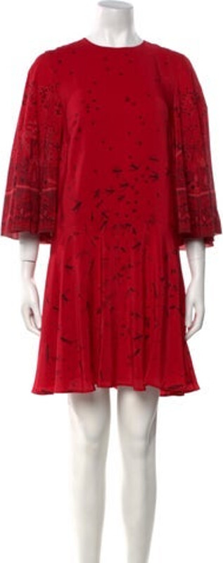 Valentino Silk Tent Dress Red Floral Print Three-Quarter Sleeve with Crew Neck Concealed Zip Closure at Back Designer