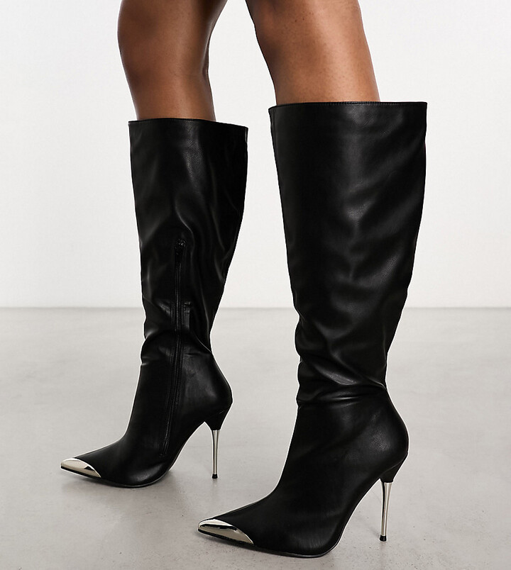 Public Desire Wide Fit Finery metal detail heeled knee boots in black ...