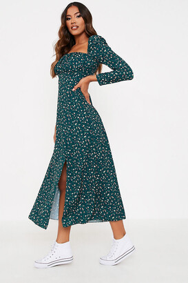 I SAW IT FIRST Green Floral Print Square Neck Puff Sleeve Midi Dress -  ShopStyle