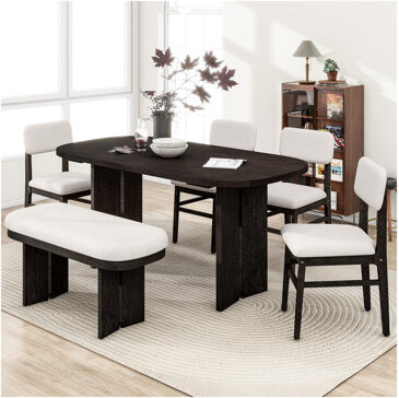 Solid Wood Dining Table Set with Bench - 6-Piece Upholstered Rectangular Dining Room Table Set with Bench, 2-Color Modern Farmhouse Kitchen Furniture