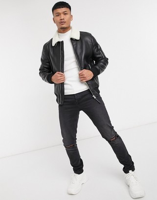 Bershka bomber jacket in faux leather with borg collar - ShopStyle