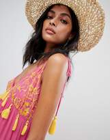 Thumbnail for your product : ASOS Design DESIGN embroidered pom pom trim halter maxi beach dress