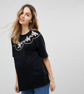 ASOS Maternity MATERNITY T-Shirt With Embroidered Yoke And Fringe Detail