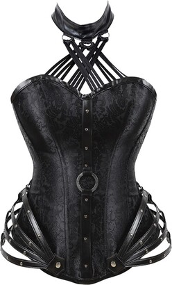 FeelinGirl Womens Cool Warrior Design Gothic Corsets Steel Boned Brocade Vintage Steampunk Bustiers Corsets Set with Thong Jacket and Waist Bag 
