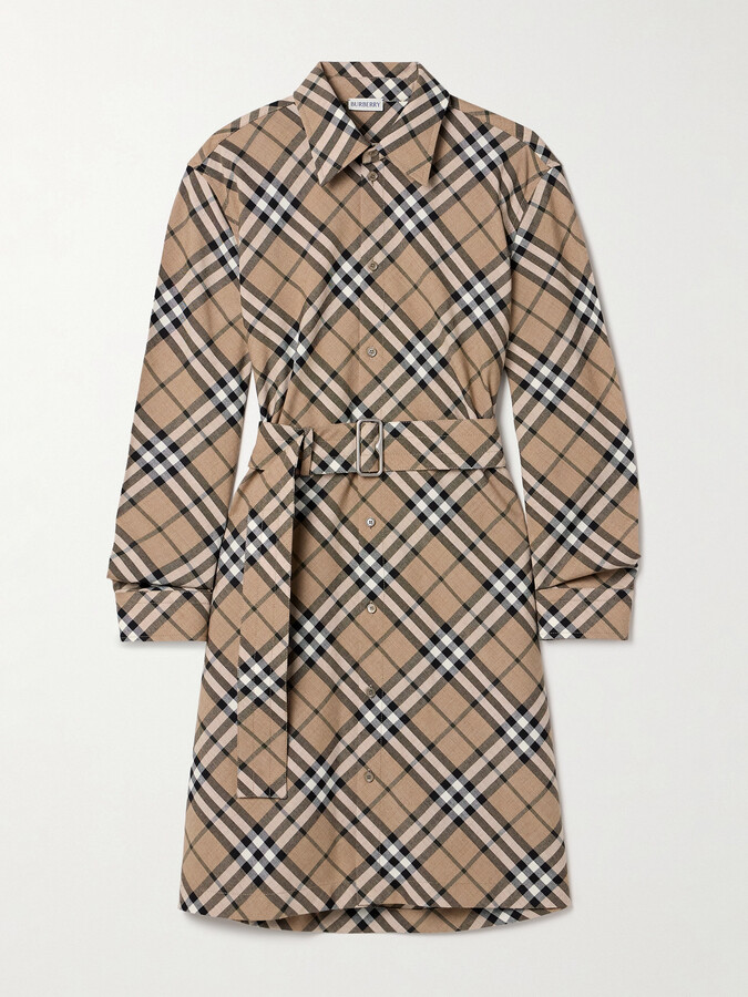 Burberry Belted Checked Woven Mini Shirt Dress - Neutrals
