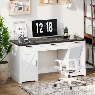 17 Stories Office Executive Desk With 3-In-1 Charging Station & Adjustable Storage Cabinet
