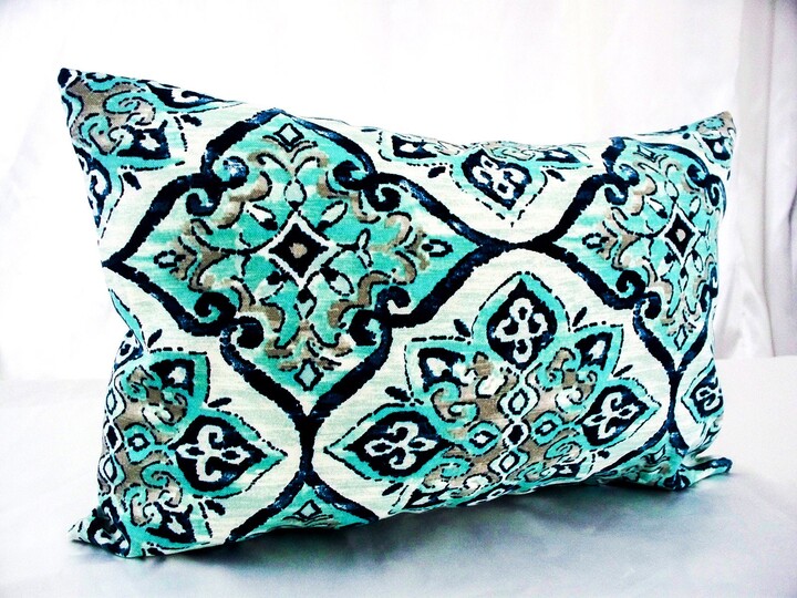 Geometric Lattice Outdoor Pillow Cover - Blue Green Lumbar, Square Cushions