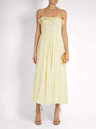 Adam Lippes Ruffle Trimmed Square Neck Pleated Dress - Womens - Light Yellow