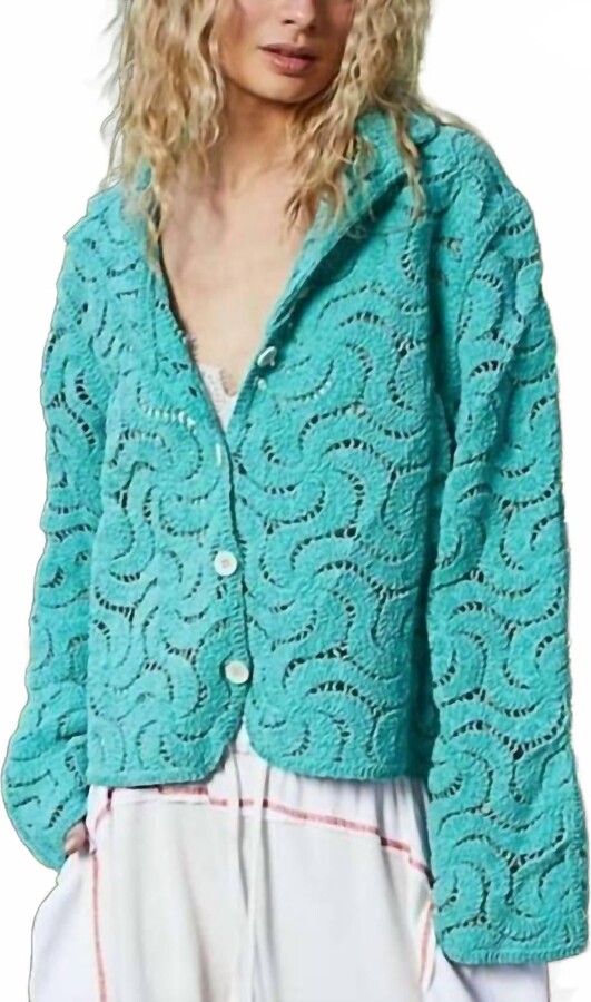 POL Long Sleeve Varied Crochet Pattern Cardigan In Teal