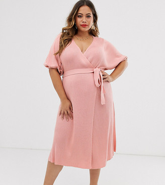ASOS DESIGN Curve wrap dress in rib knit with volume sleeve