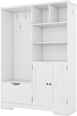 Multi-Functional Hall Tree with Storage Shelves, Drawers & Cabinet, Modern Entryway Shoe Cabinet Bench with Coat Hooks for Hallway, White