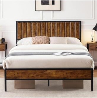 Gaomon Bed Frame With Headboard Footboard Rustic Wood Bedframe Farmhouse Platform Bed Frame With Metal Slat Wrought Rod Brown