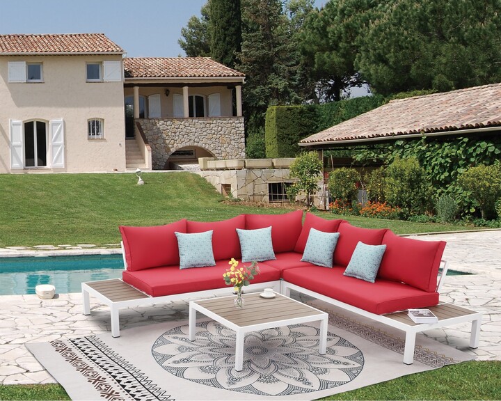 justmaellc 4 Piece Aluminum Outdoor Dining Set with Washed Blue Cushion