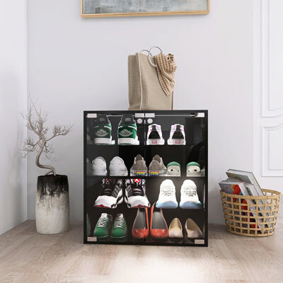 Modern Black Shoe Cabinet With 4 Layers, Glass Door, Led & Control, Classy For Living Area Layers Door And , Controlled, Strong Structure