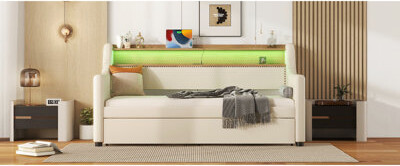 Upholstered Beige Twin Daybed With Trundle, Charging Point, Led Lights & Headboard Pocket Trundle In Beige, Coated Pu Leather, Station, And Holder