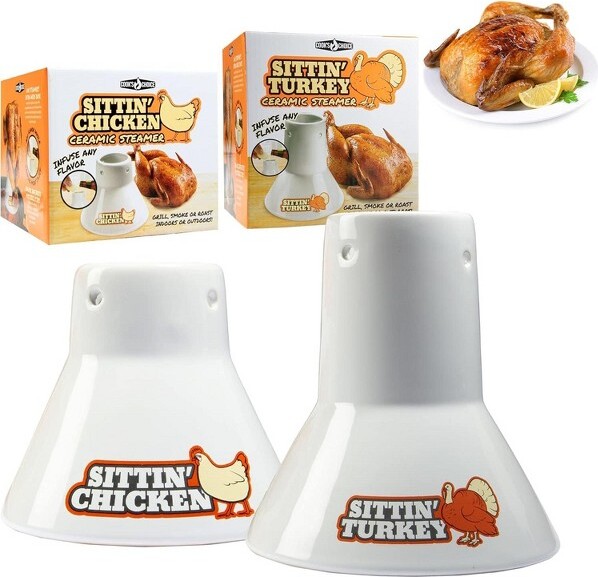 Cooks Choice Sittin'Chicken&TurkeyCeramicBeerCanRoaster&SteamerDuo-WideCeramicBaseforOven/GrillUse-MealPrepToolforCooks&Chefs
