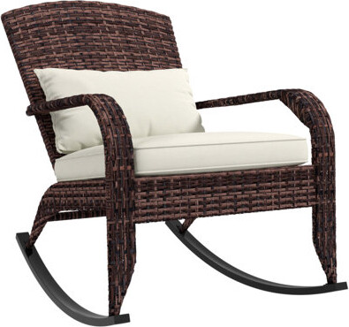 Winston Porter Outsunny Outdoor Wicker Adirondack Rocking Chair with High Back Seat Cushion and Pillow for Garden Porch Balcony