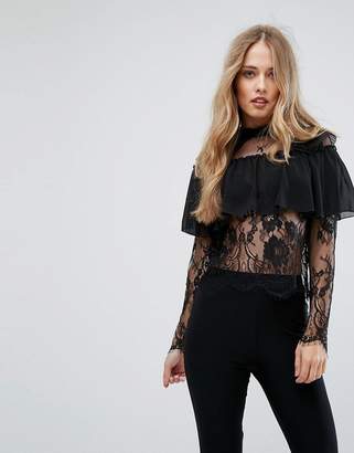 Club L Lace High Neck Overlay Frill Top