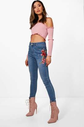 boohoo Seam Front Floral Embroidered Skinny Jeans