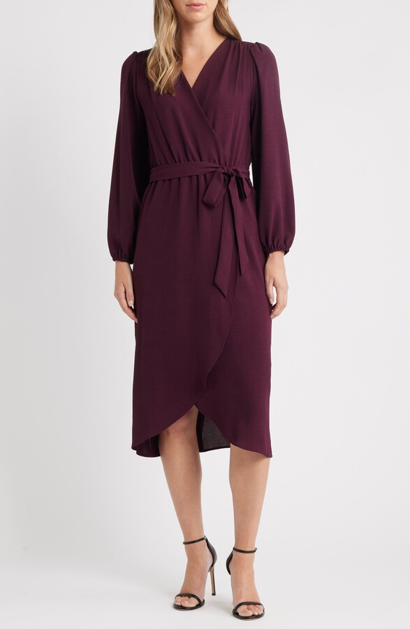 Connected Apparel Long Sleeve Faux Wrap Midi Dress