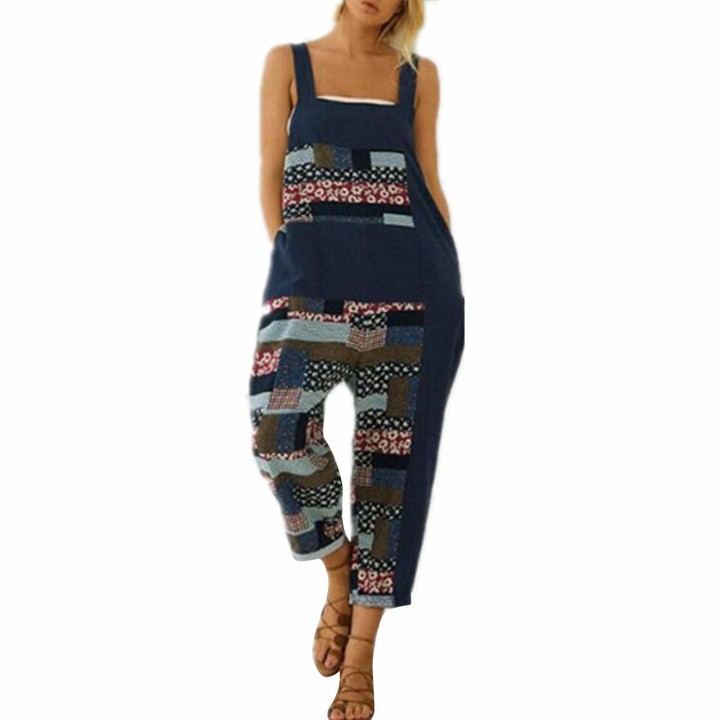 HANMAX Womens Dungarees Vintage Printed Loose Casual Baggy Overall Long Jumpsuit Playsuit Trousers Pants Dungarees Red 