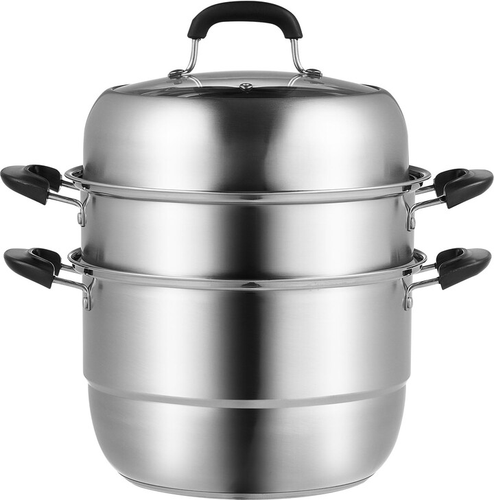 KFFKFF 11in/28cm Cooking Pot with Steamer, 3 Layer Cookware with 8.5QT Stock Pot, Vegetable Steamer & Dual Steaming Trays, 304 Stainless Steel Food Steamer Suitable for Gas Electric Stove Grill
