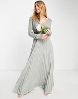 Thumbnail for your product : ASOS DESIGN Bridesmaid pleated long sleeve maxi dress with satin wrap waist in olive