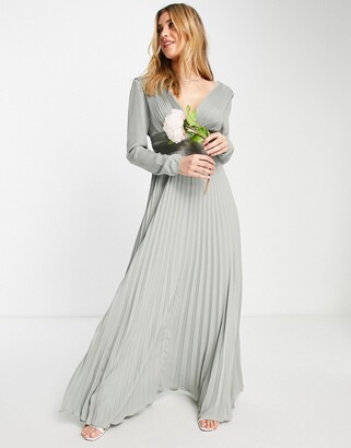 ASOS DESIGN Bridesmaid pleated long sleeve maxi dress with satin wrap waist in olive