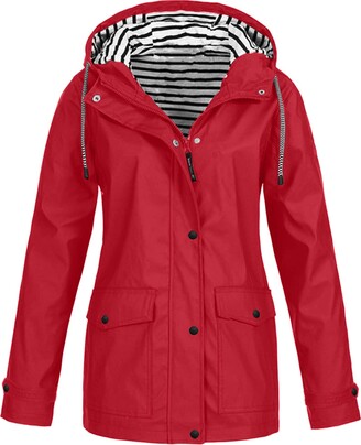 BORTGYUI Womens Macs and Raincoats Waterproof Long Sleeve Hooded Jackets Red X-Large