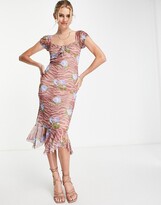 Thumbnail for your product : ASOS DESIGN mesh ruched midi dress with tie in animal and floral print