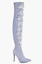 Thumbnail for your product : boohoo Paige Ripped Thigh High Denim Boot
