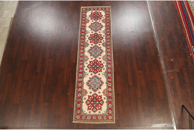 Isabelline Geometric Kazak Oriental Runner Rug Hand-Knotted 3X10